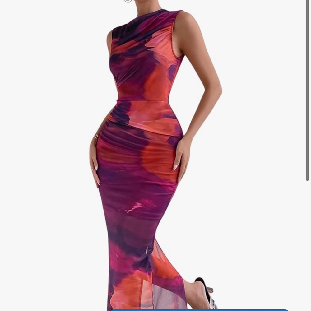 Elegant Sleeveless Multicolor/Tie Dye Sleeveless Dress, Ruched with Back slit